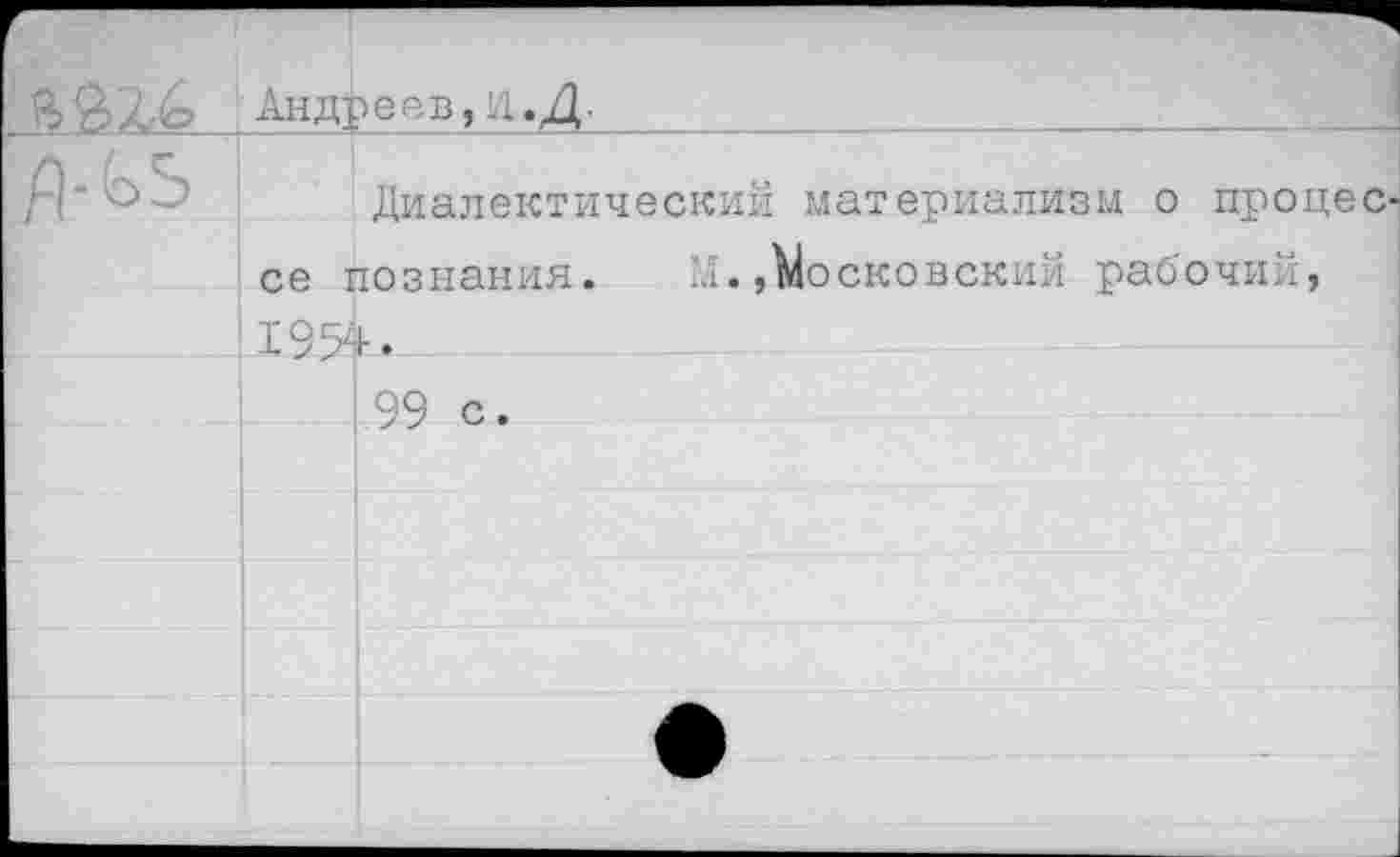 ﻿Андреев ,1/1. Д •
Диалектический материализм о процессе познания. М.Московский рабочий, 1954.
99 с.